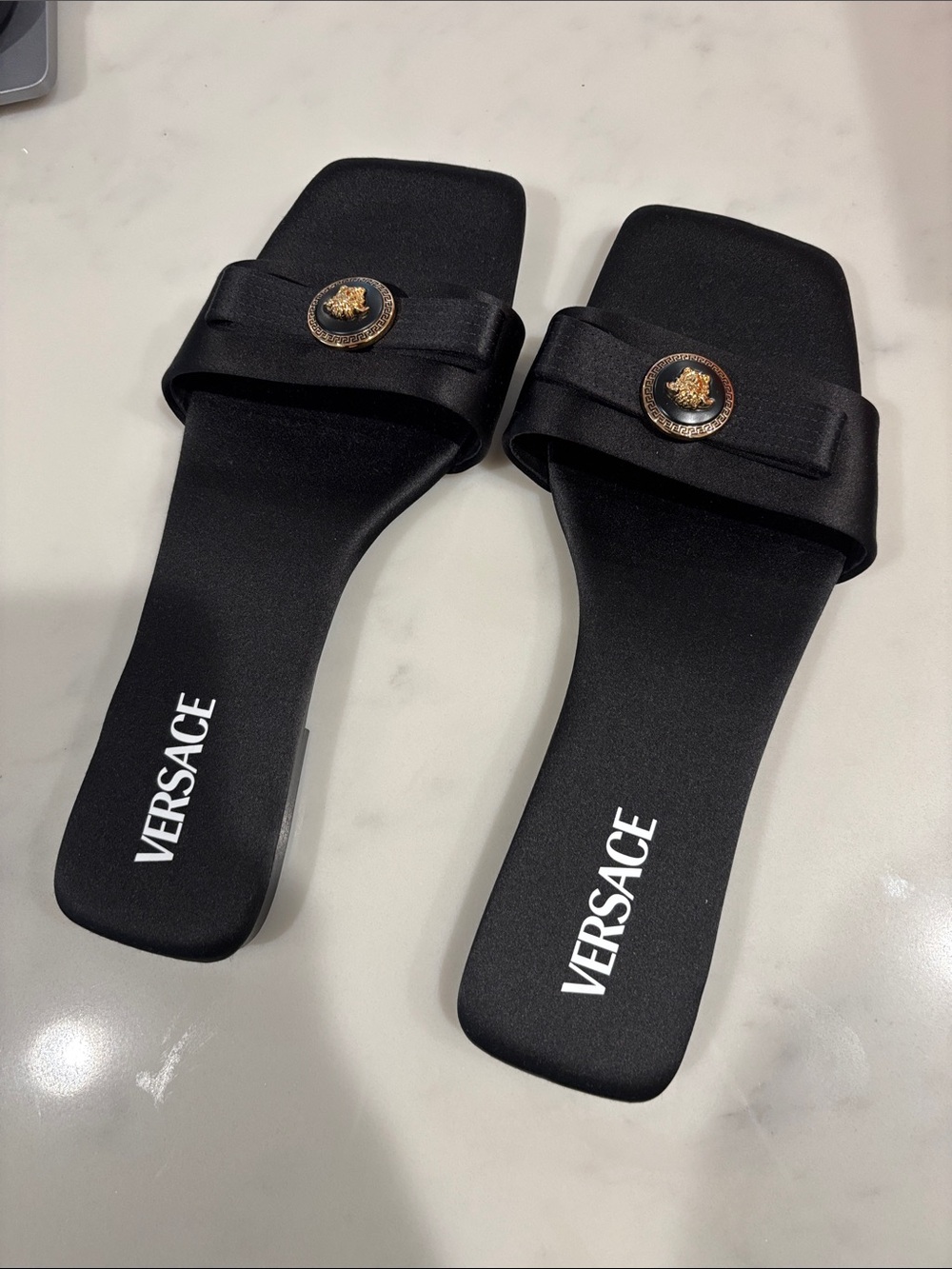 Versace Black Satin Slides with Gold Medusa Emblem